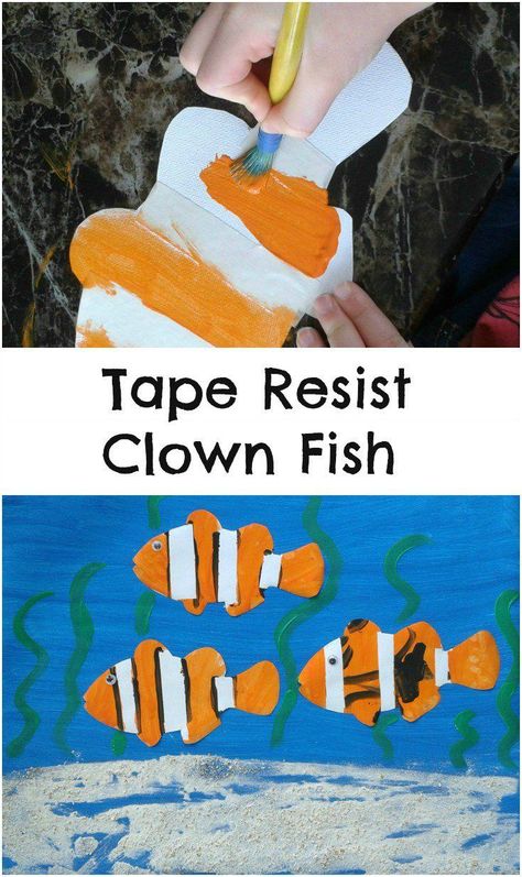 Tape resist clown fish under the sea themed painting activity for kids Dayhome Ideas, Painting Activity For Kids, Australia Activities, Painting Crafts For Kids, Preschool Ocean, Fish Under The Sea, Ocean Theme Preschool, Under The Sea Crafts, Sea Activities