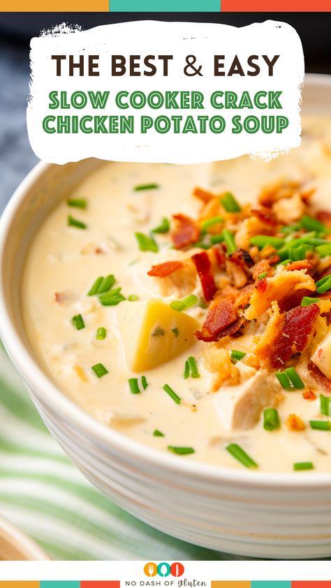 Dive into a bowl of comfort with this Slow Cooker Crack Chicken Potato Soup! It's a creamy, hearty mix of chicken, potatoes, cheese, and bacon, perfect for busy nights. Easy to make and irresistibly delicious, it’s a family favorite that brings everyone to the table. Save this recipe and make your dinners unforgettable. Don’t forget to pin now for a go-to comfort meal you’ll love! Chicken And Potato Soup Crockpot, Crockpot Chicken Potato Soup, Slow Cooker Chicken Potatoes, Cheesey Chicken, Chicken Potato Soup, Potatoes And Cheese, Crock Pot Potatoes, Chicken Potato, Creamy Chicken Soup