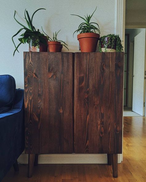 Safiya Daly on Instagram: “Finally finished up this lil project and I am SO CHUFED 😍 Picked up an Ivar pine cabinet from @ikeauk, stained it a gorgeous walnut colour…” Ikea Ivar Stained, Ivar Stained, Ivar Door, Ivar Cabinet, Ikea Ivar Cabinet, Pine Cabinet, Pine Cabinets, Ikea Ivar, Blue Velvet Sofa