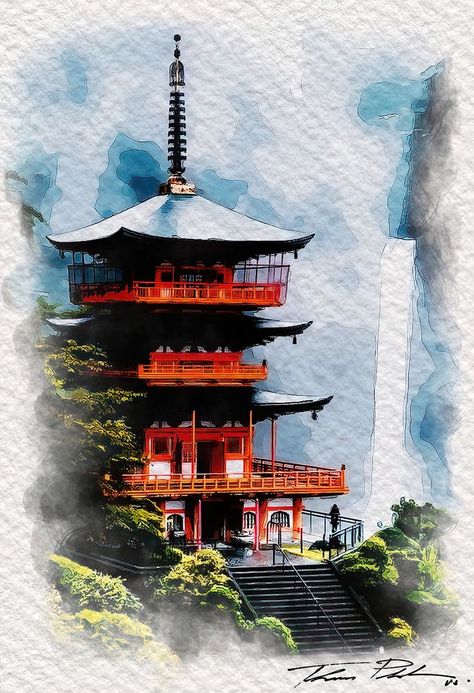 Neo Art Mixed Media, Watercolor Art 09 15 2022 Seiganto Ji Pagoda and Nachi waterfall Kyoto, Japan Mixed Media Watercolor, Japan Painting, Art Mixed Media, World View, Kyoto Japan, Japan Art, Mixed Media Art, Kyoto, Watercolor Painting