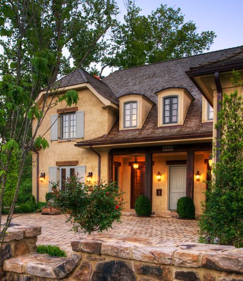 his charming home may be fairly new and big, but it was designed to have the warmth and patina of an old French country cottage. I love the details that Barnes Vanze Architects put into it, from brick floors to beamed ceilings. French Country Exterior Homes, French Country Architecture, French Country Cottages, French Country Exterior, Mediterranean Exterior, French Villa, French Architecture, French Country Home, Country Homes