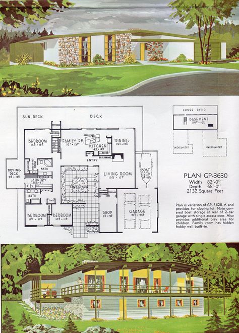 Mid Century Modern Floor Plans, Big Homes, Mid Century House Plans, Mid Century Modern House Plans, Retro Rooms, Smaller Homes, Architectural Renderings, Retro House, Modern House Floor Plans