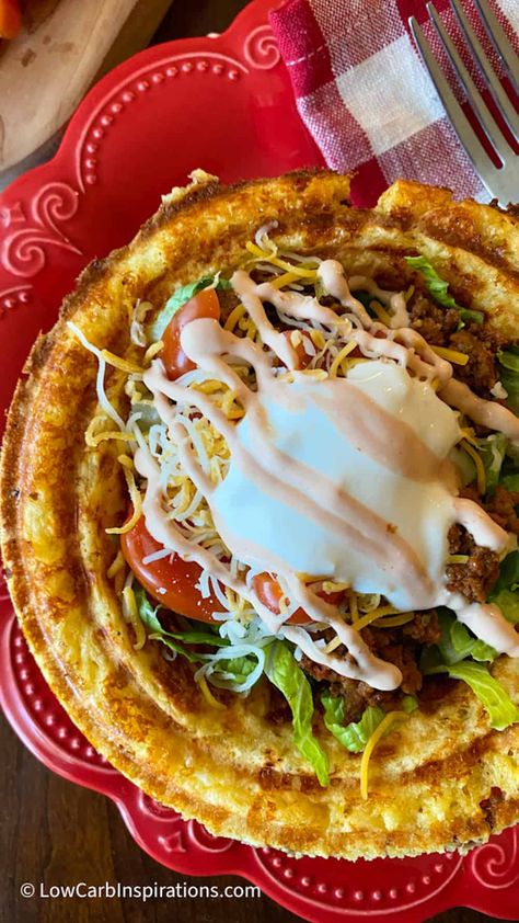 Keto Taco Salad Recipe, Keto Taco Salad Bowl, Keto Waffle Bowl Maker Recipes, Taco Chaffle Recipe Keto, Keto Chaffle Bowls, Mini Waffle Bowl Maker Recipes, Low Carb Taco Bowl, Easy Keto Waffles, Keto Taco Bowl