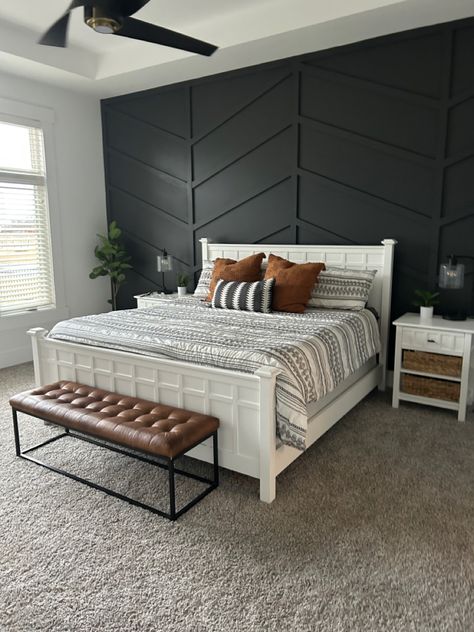 Black accent wall | modern design | boho design | black paint | master bedroom Black Accent Wall, Black And Grey Bedroom, Black Walls Bedroom, Feature Wall Bedroom, Black Accent Walls, Bedroom Accent, Accent Wall Bedroom, Bedroom Master, Black Bedroom