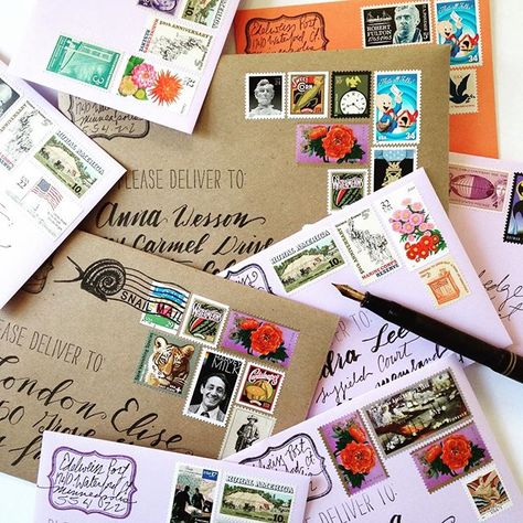 Friday's Outgoing! Vintage Stamps Wedding Invitation, Eclectic Wedding Invitations, Custom Illustrated Wedding Invitations, Handwritten Wedding, Illustrated Wedding Invitations, Forever Stamps, Printing Wedding Invitations, Vintage Postage Stamps, Wedding Stamp