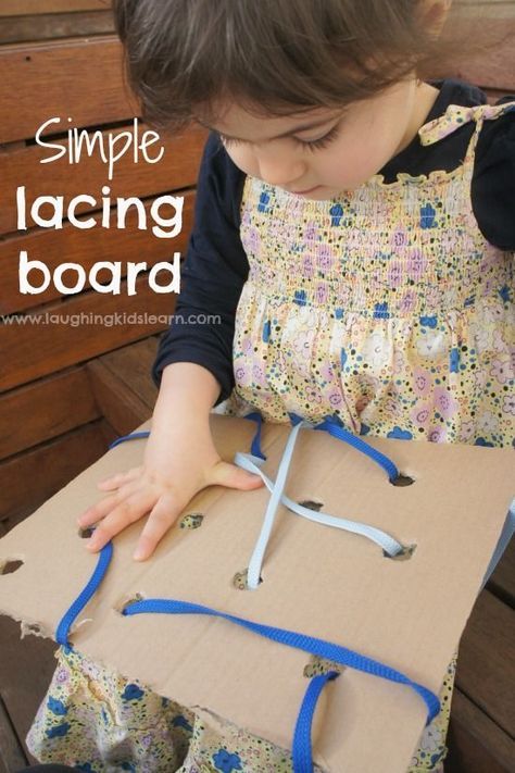 This simple lacing board for kids is an easy homemade toy that will help develop a child's fine motor skills and more. Used out of cardboard and simple materials your toddler or preschooler will have lots of fun creating different patterns and more. #finemotor #finemotorskills #toddlers #preschoolers #cardboard #simpleplayideas #learnathome #homeschooling #threading #lacingcards Lacing Cards, Preschool Fine Motor, Fine Motor Skills Activities, Motor Skills Activities, Board For Kids, Homemade Toys, Nuts Bolts, Toddler Snacks, Improve Concentration