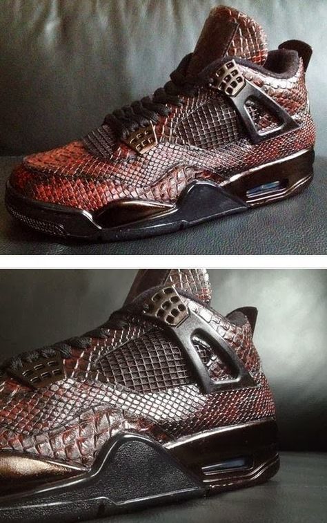 Here is a detailed look at a pair of custom Air Jordan IV 4 “Eiffel Tower” Snake Skin Sneakers designed by Revisited, these are amazing! P... Jordan Swag, Air Jordan Iv, Jordan Iv, Custom Jordans, Jordan Shoes Retro, Custom Nike Shoes, Shoes Sneakers Jordans, Nike Shoes Jordans, Sneaker Art