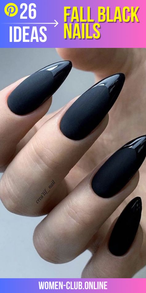 Black And White Nails 2023, Dark Nail Colors Fall, Dark Almond Acrylic Nails, Black Almond Nails Designs Simple, Black Nails White Tips, Nail Ideas Almond Short, Black Nails With Glitter Tips, Fall Nail Designs Autumn Classy Almond, Black Nails With Silver Glitter