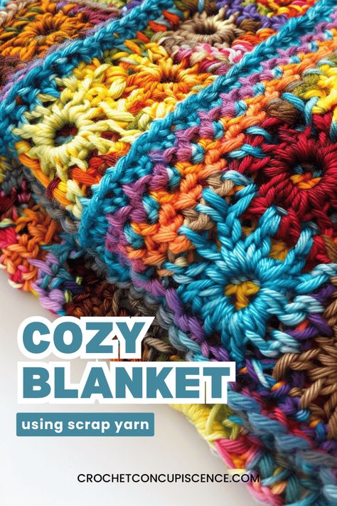 Cozy and Easy Comfort Scrap Yarn Crochet Blanket Pattern Crocheting Two Pieces Together, Diy Blanket Ideas, Two Skein Crochet Projects, Funky Crochet Blanket, Single Skein Crochet Projects, Crochet Bulky Yarn Patterns, Scrap Yarn Crochet Blanket, Scrap Crochet Projects, Funky Crochet Patterns