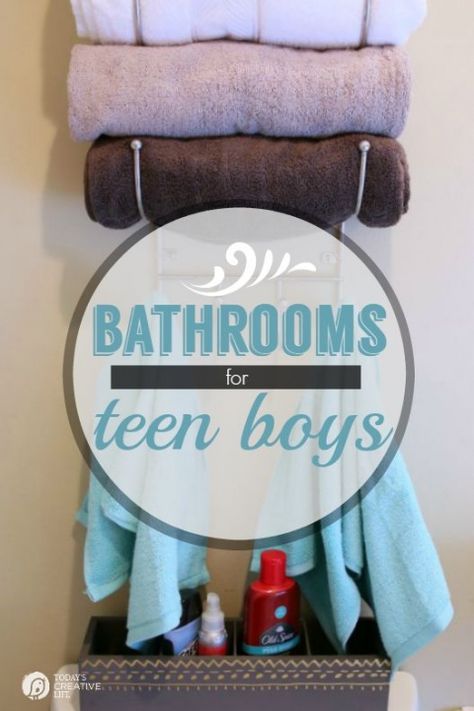 Designing a Bathroom for Teen Boys | Create a bathroom to meet both your needs. See more on TodaysCreativeLife.com Boy Bathroom Ideas, Boys Shower Curtain, Designing A Bathroom, Boys Bathroom Decor, Boy Bathroom, Cool Bedrooms For Boys, Teen Bathrooms