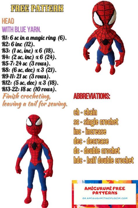 Free Spiderman Amigurumi Pattern for Marvel Fans – Crochet Your Hero! – En.amigurumitariflerim.com Crochet Doll Pattern, Marvel Fan, Amigurumi Free, Amigurumi Free Pattern, Half Double Crochet, Doll Pattern, Crochet Dolls, Crochet Doll, Cartoon Character