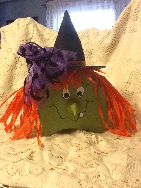 Witch Cutout Yard, Paint Pavers, Diy Wooden Witches Hat, Painted Witch Face On Wood, Witch Hat Rock Painting, Wood Witch Hat Diy, Painted Bricks Crafts, Paver Ideas, Painted Light Bulbs