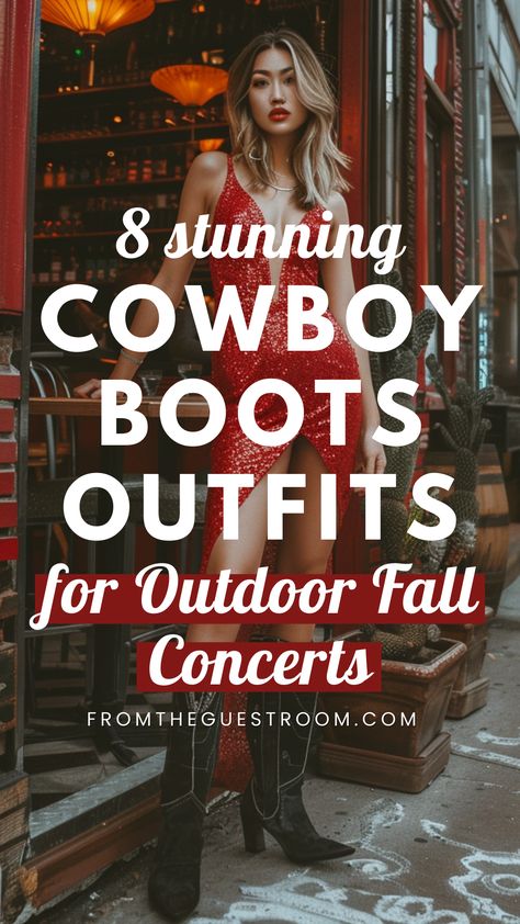 a woman wears cowboy boots for outdoor fall concert, western outfits Taylor Swift Outfits Cowboy Boots, Cowboy Boots Outfit For Concert, Country Concert Outfit In Winter, Black Boot Concert Outfit, Flannel Shirt Cowboy Boots Outfit, Black Boots Western Outfit, How To Dress Up Cowboy Boots For Women, Nashville Outfit Ideas Fall, Over The Knee Western Boot Outfit