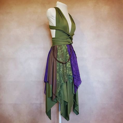 Tattered Pixie on Instagram: “Tattered Pixie Dress in moss green with brown and purple tatters.💚🤎💜 These will be available to customize again once the new website is up.…” Moss Fairy Outfit, Brown Fairy Dress, Green And Brown Dress, Pixie Clothes, Fae Cosplay, Moss Fairy, Pixie Costume, Pixie Boots, Ceremonial Dress