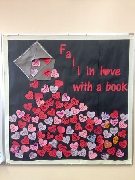 50+ Valentines day decorations for classroom to make kids feel like feel like the heart-eye emoji - Hike n Dip Fall In Love With Books Bulletin Board, Love Your Library Bulletin Board, Fall In Love With A Good Book Bulletin Board, Valentine Library Bulletin Boards, February Bulletin Board Ideas For School Library Displays, February Book Displays Libraries, Valentines Reading Bulletin Board, Valentine’s Day Library Bulletin Board, I Love To Read Month Door Decorations