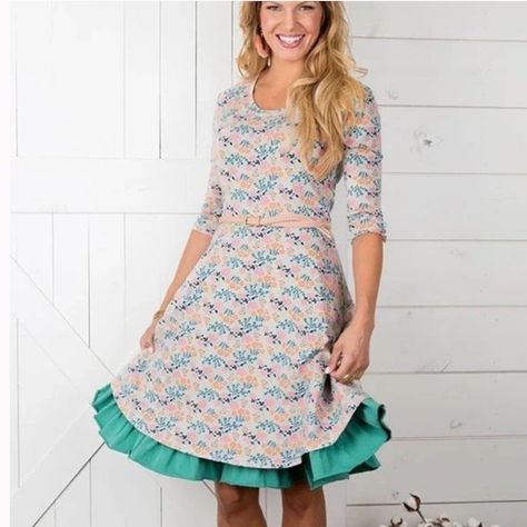 Matilda Jane Joanna Gaines Once Upon A Time Down On The Farm Dress Fit And Flare Scoop Neck Green Lining That Peaks Out Green Orange Yellow Pink Brown 3/4 Length Sleeve Size Medium New With Tags Farm Dress, Knit Skater Dress, Matilda Jane Clothing, Ditsy Floral Dress, Jane Clothing, Down On The Farm, Jane Dress, Floral Fit, Floral Shirt Dress