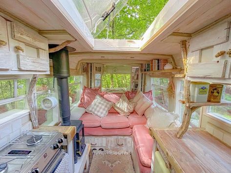 Skoolie Life, Sleek Interior, Girl Heaven, Bus House, Quaint Cottage, Buy A House, Pink Curtains, Country Style Kitchen, Camper Interior