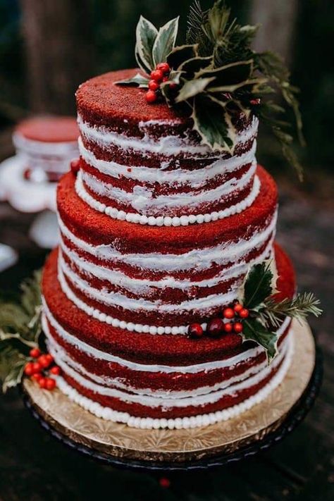 Red velvet wedding cake for Christmas themed wedding Christmas Wedding Cake, Christmas Wedding Themes, Red Birthday Cakes, Christmas Wedding Inspiration, Christmas Wedding Cakes, Christmas Wedding Decorations, Winter Wedding Cake, Winter Wedding Decorations, December Wedding