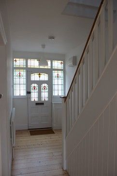 1930s Front Door, 1930s House Renovation, Interior Staircase, Hallway Inspiration, 1930s House, Stained Glass Door, Glass Front Door, Wood Interiors, Door Makeover