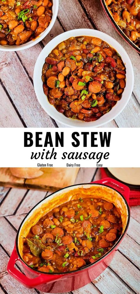 Bean Stew Crockpot, Sausage And Bean Stew, Crockpot Beans And Sausage, Smoked Sausage Stew, Bean And Sausage Recipes, Bean Medley Recipes, Sausage And Beans Recipes, Sausage Stew Recipes, Bean Stew Recipes