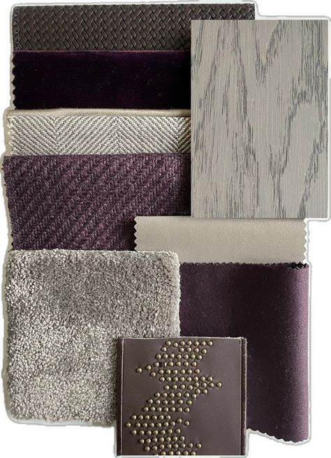 Interior Design Fabric Board, Mood Board Interior Colour Palettes, Living Room Mood Board Colour Schemes, Purple Moodboard, Cinema Room Design, Modern Chinese Interior, Purple Interior Design, Fabric Moodboard, Sofa Purple