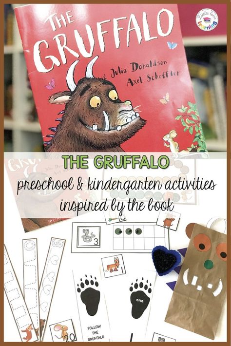 The Gruffalo Activities for Preschool, Pre-K, & Kindergarten: These hands-on learning activities are designed to go with the book The Gruffalo by Julia Donaldson. Use them at home with your kids or in the classroom with students. Includes printable activities for literacy, math, fine motor, & gross motor. Also includes a craft idea, a snack idea, a journal writing page, & a link to a You Tube video. Kids of all ages (even toddlers) will have fun using these lesson plans. The Gruffalo Activities, Classroom With Students, Gruffalo Activities, Summer School Crafts, Halloween Literacy, Writing Page, Julia Donaldson, Room On The Broom, The Gruffalo