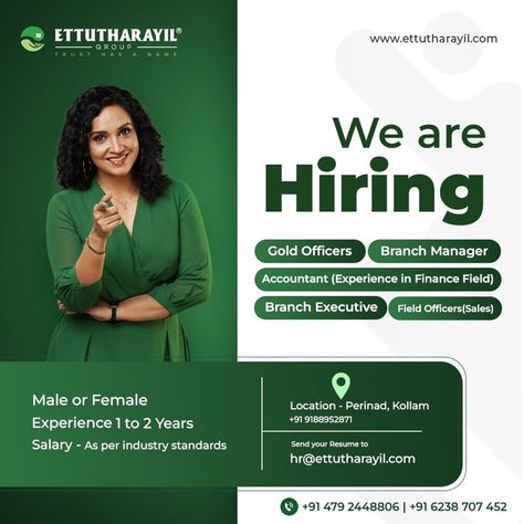 We are hiring for various positions for our Perinad, Kollam branch. Interested candidates drop your CV s to hr@ettutharayil.com. Contact Number-0479 2448806, 9188952871 . . . #wearehiring #availablejobs #hiringnow #hiringurgently #newjob #jobvacancy #Jobsinkerala #hiring #Kerala #ettutharayil #finance #goldloan #loan #savings #financialplanning #money #business #investing #investment #financialfreedom We Are Hiring Creative Poster Design, Creative Hiring Ads Ideas, Hiring Poster, Job Poster, Digital Advertising Design, Church Media Design, Real Estate Marketing Design, Packaging Template Design, Banner Design Inspiration