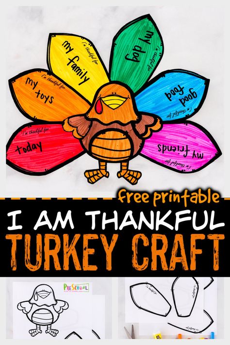 This super cute, free printable turkey paper craft is not only a cute Thanksgiving craft for November, but a great way to help children reflect on what they are thankful for. This printable turkey craft is quick and easy to make with toddler, preschool, pre-k, kindergarten, first grade, 2nd grade, and 3rd graders too. Simply print turkey craft template and you are ready to celebrate Thanksgiving. Thanksgiving Craftivity, Pumpkin Math Activities, Printable Thanksgiving Crafts, Thanksgiving Math Activities, Playdough To Plato, Thanksgiving Turkeys, Thanksgiving Turkey Craft, Thanksgiving Worksheets, Thanksgiving Writing