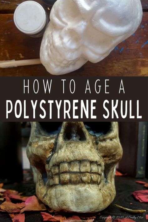 How To Age A Skeleton, Plastic Skull Makeover, Halloween Skulls Diy, Halloween Styrofoam Crafts, Foam Skull Diy, Styrofoam Skull Ideas, Foam Skull Crafts, Skull Topiary Diy, Styrofoam Skull Crafts