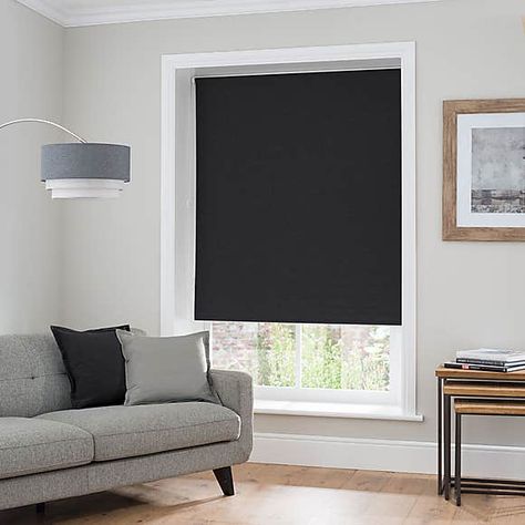 Luna Black Thermal Blackout Roller Blind | Dunelm Blinds For Windows Living Rooms, Farmhouse Window Treatments, Window Roller Shades, Cordless Blinds, Blackout Roller Blinds, Blackout Shades, Black Windows, Blackout Blinds, Shades Blinds