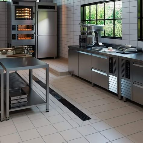 Commercial Style Kitchen At Home, Cafe Kitchen Interior, Commercial Kitchen Design Restaurants, Central Kitchen Design, Cafe Kitchen Layout, Baking Kitchen Design, Kitchen Design Restaurant, Bakery Kitchen Layout, Cafe Kitchen Design