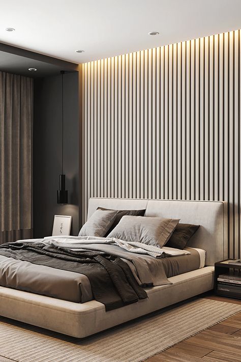 Wood Slat Wall Bedroom, Wooden Ceiling Design Bedroom, Rockwool Insulation, Acoustical Panels, Wood Installation, Beautiful Bed Designs, Theater Rooms, Minimal Bedroom, Wooden Bed Design