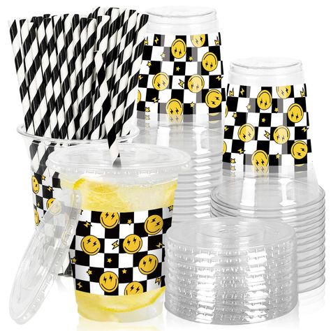 PRICES MAY VARY. WHAT’S INCLUDED: The package includes 50pcs plastic cups, corresponding 50pcs lids and 50pcs paper straws, the quantity is sufficient for your party decoration needs. HAPPY FACE DESIGN: Our cups combine white and black checkered pattern and smile face pattern, attractive and stylish, and the paper straws are in black stripe design, create a happy atmosphere. GOOD QUALITY: These cups and lids are made from plastic material, give you superior strength and durability, the straws ar One Cool Dude Centerpieces, Checkered Baby Shower Ideas, Happy Face Birthday Party, Plastic Cups With Lids, Cups With Lids And Straws, Clear Plastic Cups, Boys 1st Birthday Party Ideas, 1st Birthday Themes, Baby Boy First Birthday