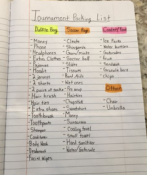 Softball Travel Ball Packing List, Soccer Trip Packing List, Things To Pack For A Volleyball Tournament, Soccer Backpack Essentials, Softball Travel Packing List, Things To Bring To A Soccer Tournament, What To Pack For Soccer Tournament, Soccer Bag Essentials List, Soccer Equipment List