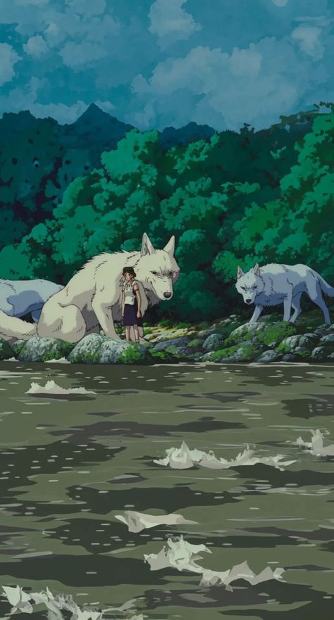 Princess Mononoke wallpaper wolves river green San Studio Ghibli Mononoke Wallpaper, Princess Mononoke Wallpaper, Studio Ghibli Fanart, Studio Ghibli Background, Buddha Art Drawing, Ghibli Artwork, Castle In The Sky, Studio Ghibli Art, Princess Mononoke