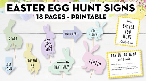 Free Printable Easter Egg Hunt Signs (18 Pages) + Easter Egg Hunt Certificate - Lovely Planner Easter Egg Hunt Signs, Egg Hunt Sign, Easter Printables Free, Easter Banner, Easter Crafts Diy, Diy Decor Crafts, Easter Egg Hunt, Egg Hunt, Easter Crafts