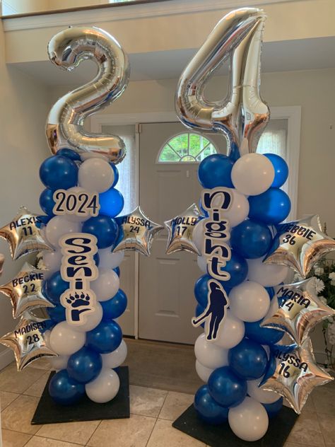 Senior Night Backdrop Ideas, Volleyball Senior Night Balloons, Volleyball Balloon Columns, Water Polo Decorations, Senior Night Decorations Soccer, Senior Night Gym Decorations Volleyball, Senior Volleyball Night Ideas, Senior Night Gym Decorations, Volleyball Balloon Arch