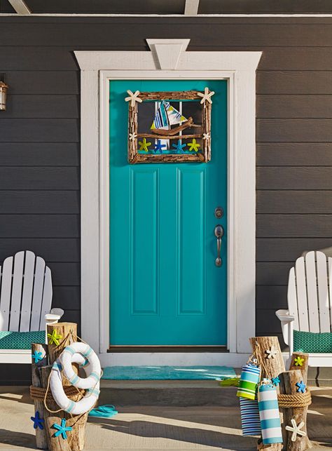 Revamp your front door with one of these easy DIY curb appeal projects. Our creative projects for house numbers, welcome mats, mailboxes, and more bring personality to your front stoop. These DIY front door ideas will help you get the best-looking entryway on the block. #homeideas #frontdoorideas #curbappeal #bhg Painted Front Door Ideas, Teal Front Door, Curb Appeal Porch, Bright Front Doors, Teal Front Doors, Teal Door, Oval Glass Front Door, Door Mat Diy, Blue Front Door