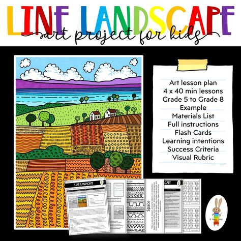 Art Lessons – Kerry Daley Line Art Lessons Middle School, Line Projects For Elementary, Line Landscape Drawing, Art Lesson Plans For Elementary, Art Lesson Plans Middle School, Elements Of Art Space, Landscape Art Lessons, Line Landscape, Intermediate Art