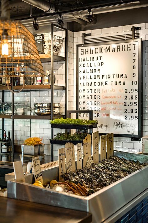 Hospitality Interior Design | Shuck Seafood + Raw Bar — D360 Inc. Fish Shop Design Interiors, Oyster Bar Design, Oyster Display, French Seafood, Holiday Seafood Recipes, Oyster Restaurant, Oyster Bar Restaurant, Seafood Sandwiches, Seafood Bar