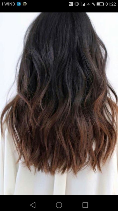 Hair Dye Ombre Brown, Dark Ash Highlights On Dark Hair, Dark Brown Hair With Dyed Tips, Under Hair Color Brown, Black Hair Faded Into Brown, Ombre Highlights For Black Hair, Dip Dye Hair Black, Dip Dye Black Hair, Dark Brown Ombre Hair