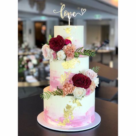 Three tier wedding cake, cake topper, watercolour buttercream Wedding Cake Roses, Cake Decorating Designs, Elegant Wedding Cakes, Tiered Wedding Cake, Anniversary Cake, Wedding Food, Celebration Cakes, Let Them Eat Cake, Eat Cake