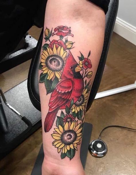 Sunflowers and cardinal tattoo Tattoos Cardinal, Cardnial Tattoo, Cardinal Bird Tattoos, Thigh Piece Tattoos, Bird Tattoos Arm, Red Bird Tattoos, Cardinal Tattoo, Cardinal Tattoos, Sunflower Tattoo Sleeve