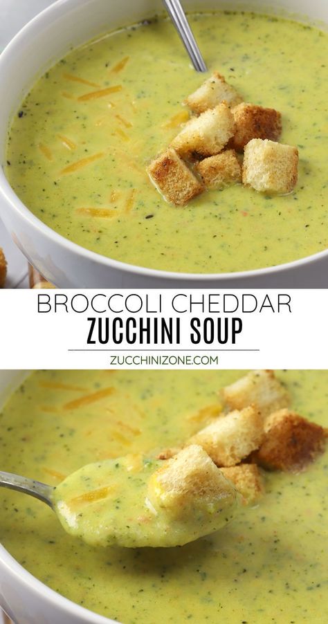 Broccoli cheddar zucchini soup recipe by Zucchini Zone. Broccoli cheddar zucchini soup is a hearty, comforting soup recipe that's filled with nutritious veggies. All you need is 30 minutes to have a bowl of this creamy, cheesy soup on the table. #broccolicheddarsoup #broccolizucchinisoup #zucchini #broccoli #cheese #soup #hearty #comfortfood #recipe Cheesy Zucchini Soup, Broccoli Squash Soup, Broccoli Zucchini Soup, Zucchini Cheddar Soup, Zucchini And Broccoli Recipes, Broccoli Zucchini Recipes, Broccoli Recipes Soup, Stovetop Zucchini, Fall Soup Recipes Healthy