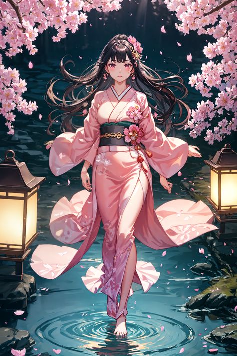 "Step into serenity with this enchanting digital painting of a woman in a traditional kimono amidst cherry blossoms & glowing lanterns. Let her violet eyes & gentle smile transport you to a tranquil Japanese garden at dusk. Perfect for art lovers seeking a peaceful escape. #DigitalArt #SakuraSeason" Enchanted Characters, Traditional Japanese Kimono, Anime Kimono, Geisha Art, Pix Art, Traditional Kimono, Pretty Backgrounds, Stunning Wallpapers, Anime Wallpapers