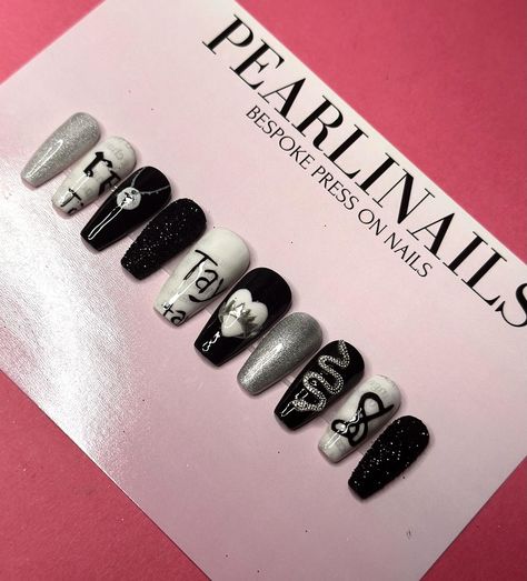 Our reputation inspired press on nails in medium coffin!🐍🖤 Available now on our website & Etsy store! #pressonnails #nails #pressons #pressonnailset #pressonnailsforsale #nailstagram #nailsart #love #art #nailsnailsnails #tiktok #trending #fyp #reputation #erastour #erastouroutfit #taylor #taylorswift #taylorswifttickets #erastournails #réputation