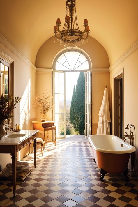 This charming Mediterranean bathroom features a tub, checkered floor, and vintage chandelier. It's the perfect place to relax and unwind. #clawfoottub #checkeredfloor #bathroom #vintage #charming #mediterranean #interiordesign #homedecor #relaxation Bathroom Clawfoot Tub, 70s Bathroom, Charming Bathroom, Mediterranean Bathroom, Checkered Floor, Dream Villa, Mediterranean Interior Design, Italian Bathroom, Bathroom Vintage