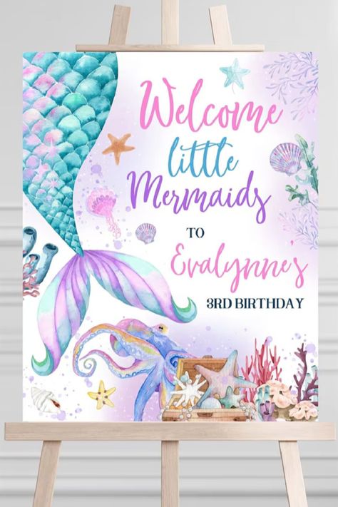 Welcome your guests to your underwater paradise with this mermaid-themed welcome sign, setting the scene for an unforgettable adventure.Place it at the entrance adorned with shimmering details and vibrant colors, ensuring every visitor feels the magic from the moment they arrive. See more party ideas and share yours at CatchMyParty.com Under Sea Party Decorations, Birthday Welcome Board Entrance, Mermaid Welcome Sign, Mermaid Party Favors Bags, Mermaid Cake Pops, Mermaid Party Printables, Under The Sea Cakes, Mermaid Party Food, Mermaid Under The Sea Party