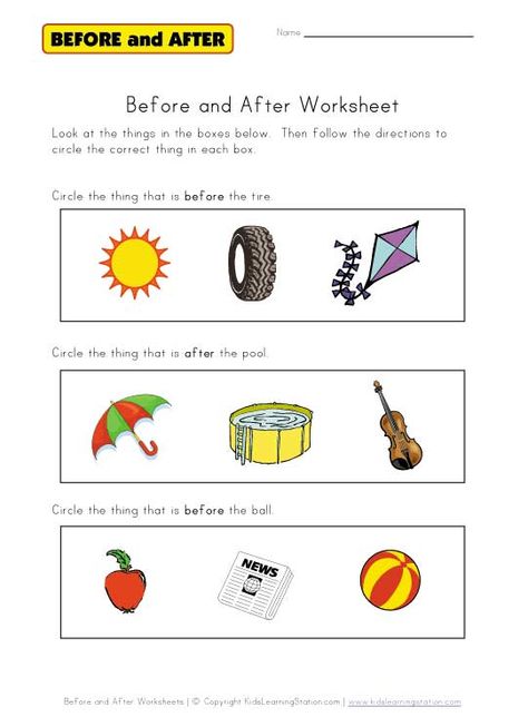 before and after worksheet (FREE worksheets) Before And After Preschool Activities, Teaching Before And After Concepts, Before After Worksheet, Before And After Worksheets, Peachie Speechie, Spring Math Worksheets, Number Worksheets Kindergarten, Toddler Worksheets, Kids Homework