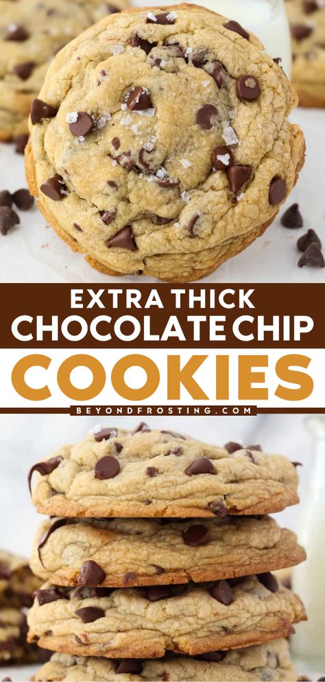 This easy cookie recipe lets you enjoy a giant one all to yourself! Pantry staples are all you need for this simple dessert. With chewy, gooey centers and crispy edges, these Extra Thick Chocolate Chip Cookies are the BEST! Chocolate Chip Cookies With Unsalted Butter, Best Thick Chewy Chocolate Chip Cookies, Chewy Cookie Base Recipe, Super Chewy Cookies, Puffy Chocolate Chip Cookies Soft, Giant Chewy Chocolate Chip Cookies, Thick Chocolate Chip Cookies Recipe, 5 Star Cookies, One Giant Chocolate Chip Cookie